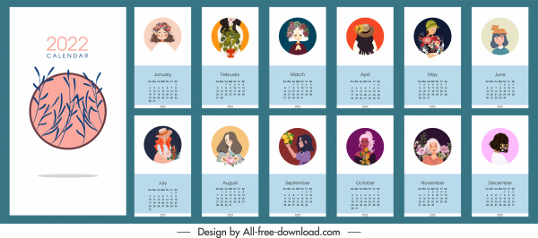 Шаблон календаря 2022 элегантный портрет цветочный декор