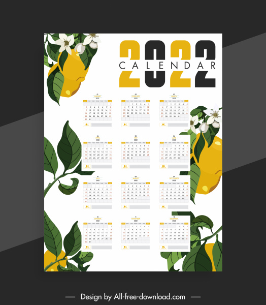 2022 kalender template buah flora meninggalkan dekorasi