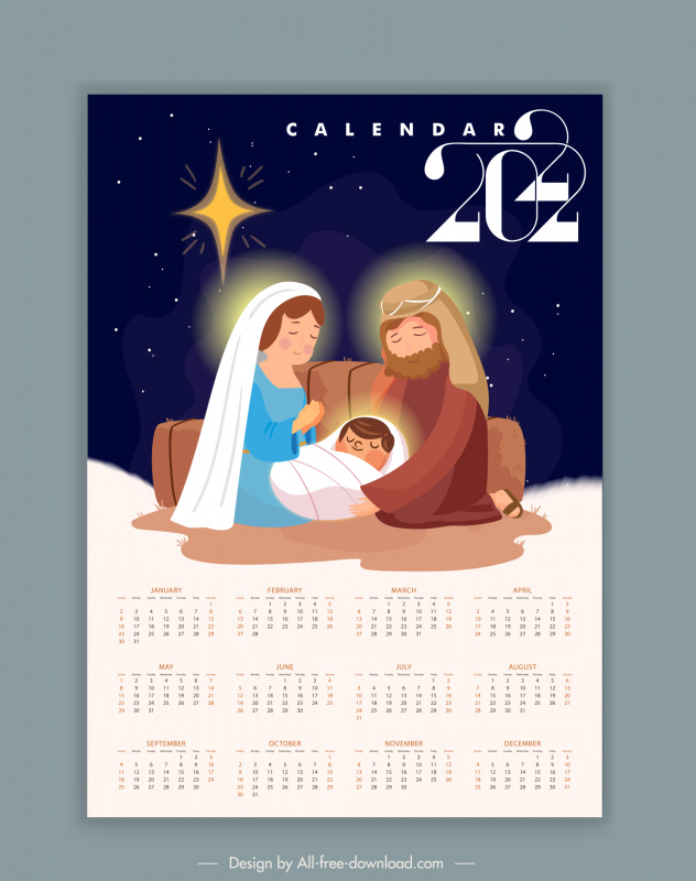 Plantilla de calendario 2022 Jesucristo personajes de dibujos animados recién nacidos