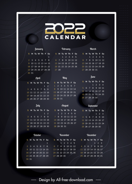 Plantilla de calendario 2022 moderna elegante decoración negra oscura