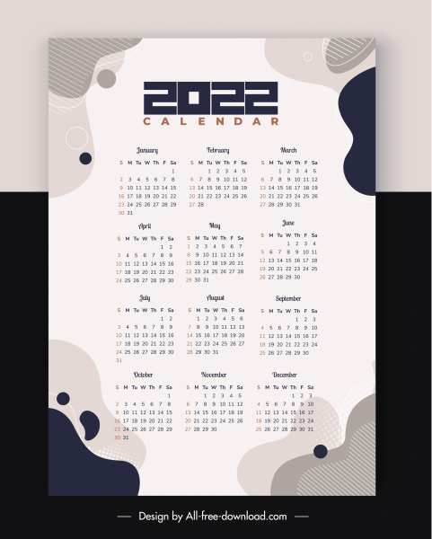 2022 шаблон календаря простой белый деформированные формы декора