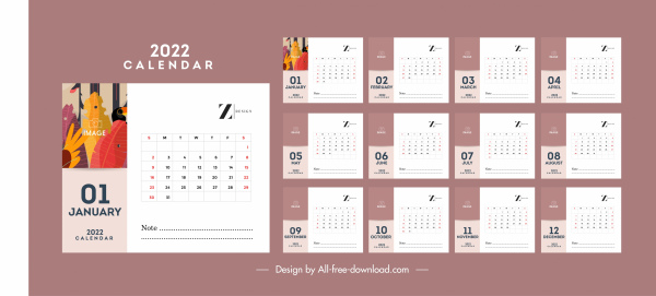 Template kalender 2022 dekorasi datar klasik sederhana yang cerah