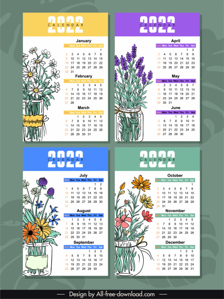 Modelos de calendário 2022 coloridos clássicos botânicos desenhados à mão
