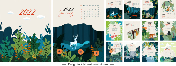 2022 calendario plantillas naturaleza elementos decoración