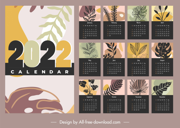 2022カレンダーテンプレート自然テーマ古典的な手描きの葉