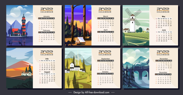 2022 plantillas de calendario paisaje boceto colorido diseño clásico