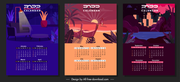 2022 KalenderVorlagen Szenen Skizzieren dunkles Design