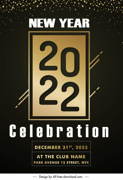 Cartel de año nuevo 2022 elegante decoración oscura