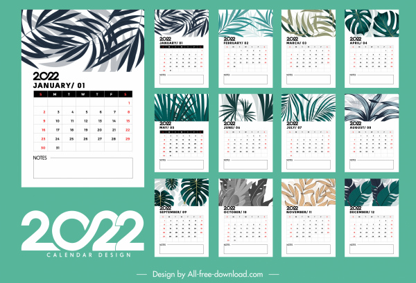 Template kalender tabel 2022 dekorasi daun cerah yang elegan