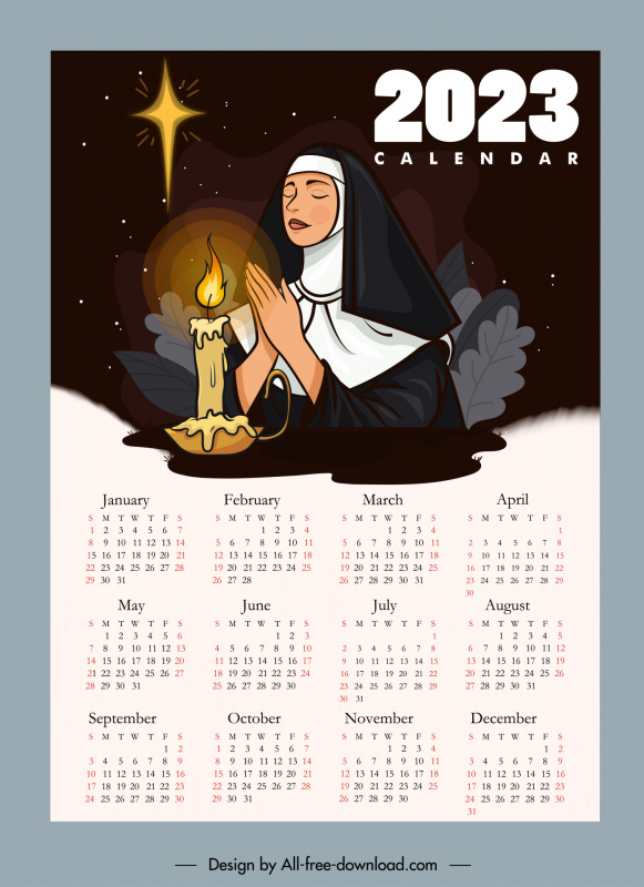 2023 calendario plantilla hermana cristiana rezando boceto dibujado a mano caricatura