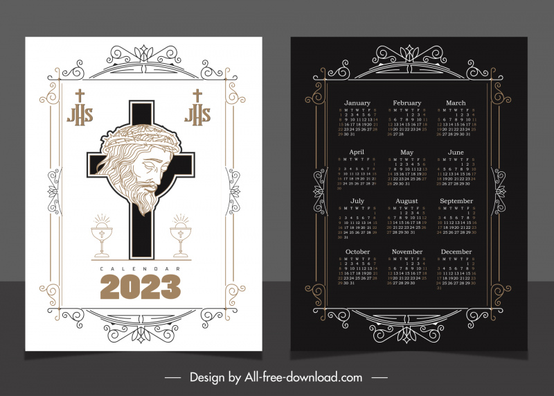 Template kalender 2023 dekorasi bingkai kontras simetris yang elegan