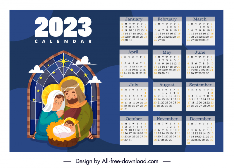 2023 Calendar Template Jesus Christ Newborn Cartoon Characters  Sketch-vector Plant-free Vector Free Download