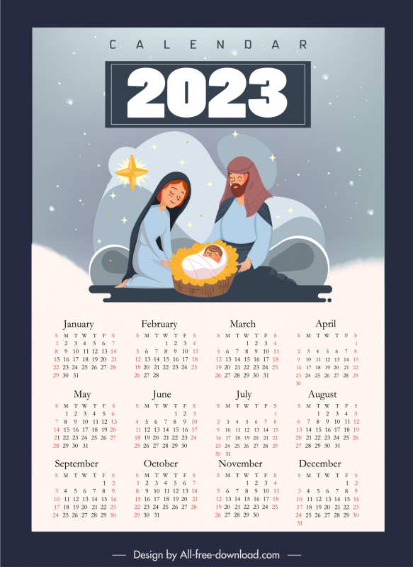 Plantilla de calendario 2023 jesucristo recién nacido tema dibujo animado diseño