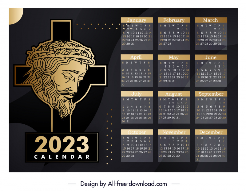 2023年カレンダーテンプレートイエスクロススケッチ手描きのアウトライン