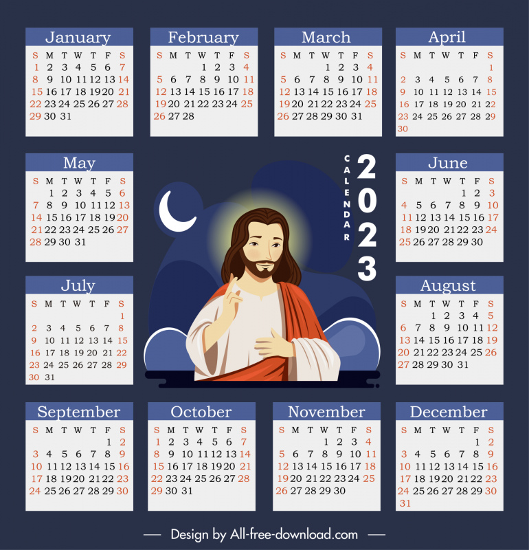 Modèle de calendrier 2023 conception de dessin animé de croquis de Jésus