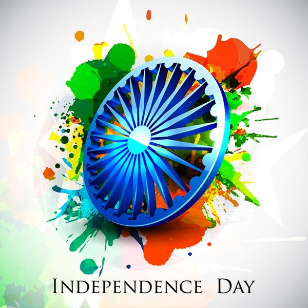 rueda de asoka 3D con pintura abstracta splash fondo de día de independencia de la india