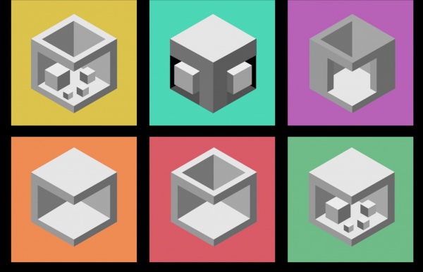 3d 큐브 아이콘 스케치 다양 한 회색 절연