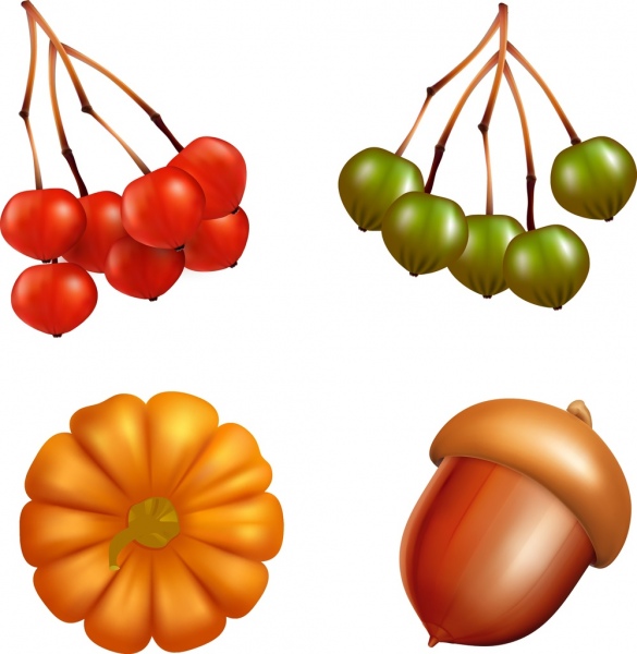 3D biểu tượng trái cây hạt dẻ bí ngô đặt biểu tượng anh đào