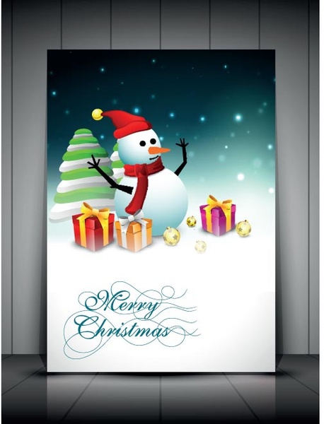 3d Snowman With Gift Merry Christmas Brochure Title Page Design Vector