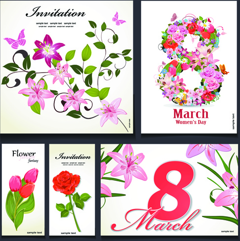 8 März Blume Einladung Karten Vektoren festgelegt