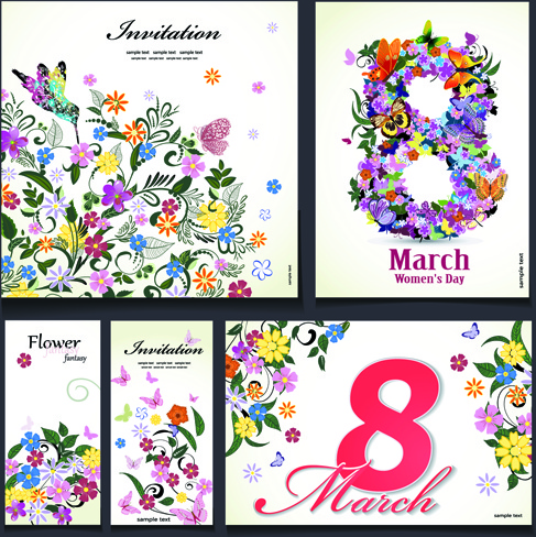 набор 8 марта цветок приглашения карты векторные