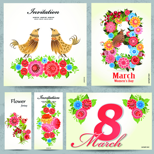 8 Mart çiçek davetiye kartları vektörel çizimler ayarla