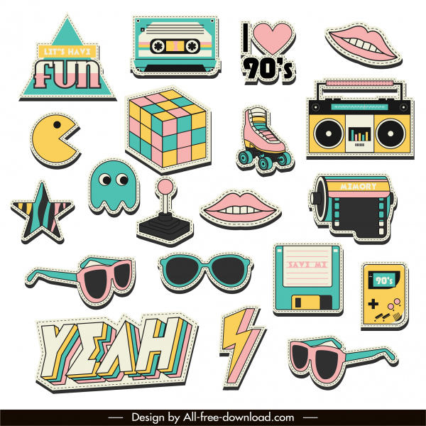 Modelos de logotipo dos anos 90 esboçam símbolos coloridos