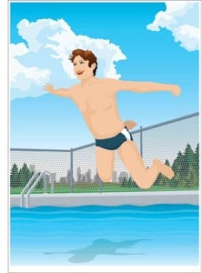 bahagia bayi laki-laki melompat di kolam renang vektor seni ilustrasi