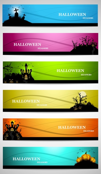 Resumen encabezados coloridos brillantes conjunto de cuatro vectores de diseño de halloween
