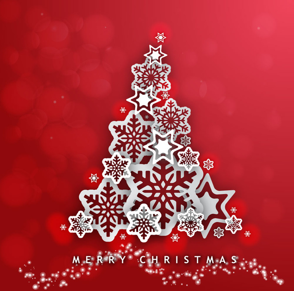 Desain abstrak pohon Natal pada latar belakang merah