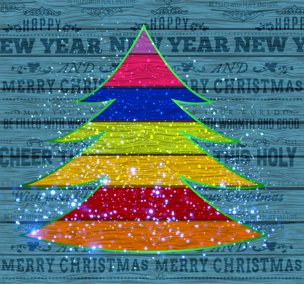 木の板の背景に抽象的なカラフルなクリスマス ツリー
