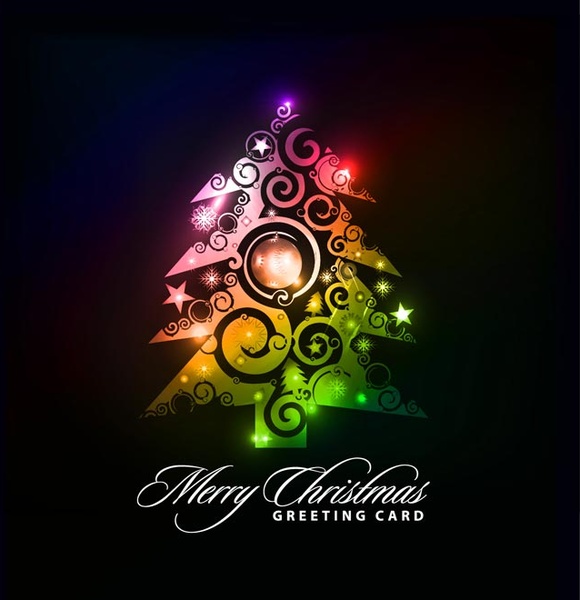 Abstract Glowing Merry Christmas Gift Tree On Black Vector