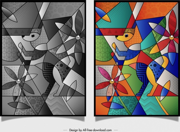 ภาพวาดนามธรรมไอคอนดอกไม้สุนัขการออกแบบทางเรขาคณิตที่มีสีสัน
