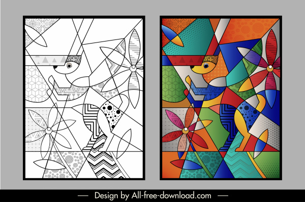 lukisan abstrak warna-warni bunga hewan sketsa desain poligonal