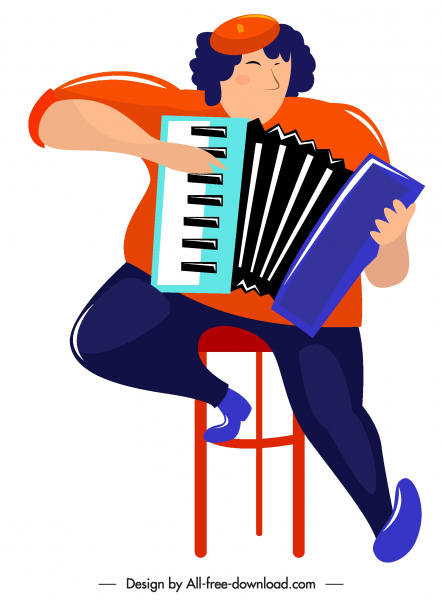bosquejo de acordeonista icono coloreado de dibujos animados carácter
