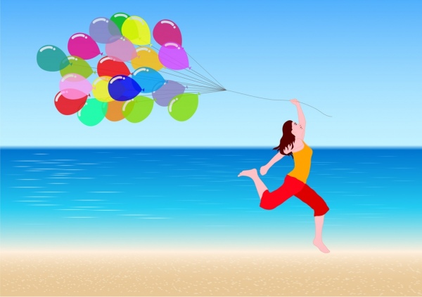 活潑女孩圖標與五顏六色的氣球裝潢喜悅