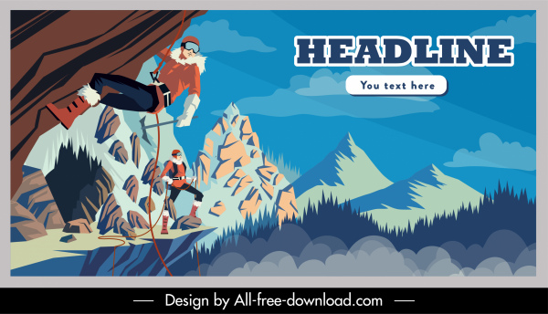 petualangan iklan poster pendaki gunung sketsa desain kartun