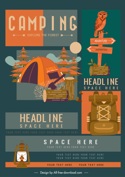 冒險露營廣告橫幅五顏六色的經典裝飾