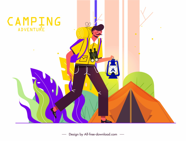 avventura campeggio sfondo colorato classico design carattere cartone animato