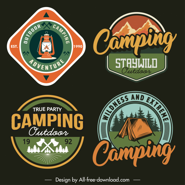adventure camping rótulos modelos design retrô plano