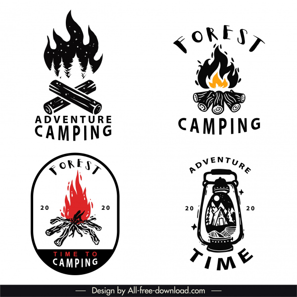 모험 캠핑 로고 템플릿 클래식 장작 라이트 스케치