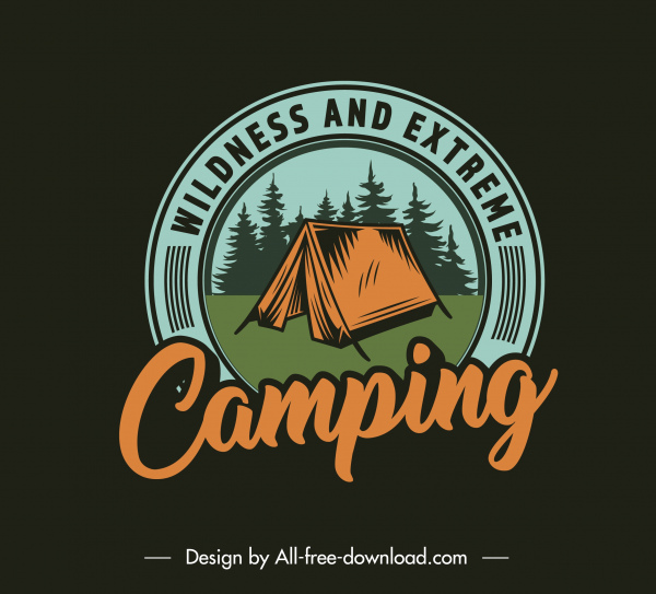 Logo berkemah petualanganjenis sketsa tenda desain klasik gelap