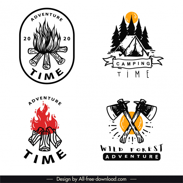 Приключенческий кемпинг Логотипы Классические нарисованные от руки эмблемы Эскиз