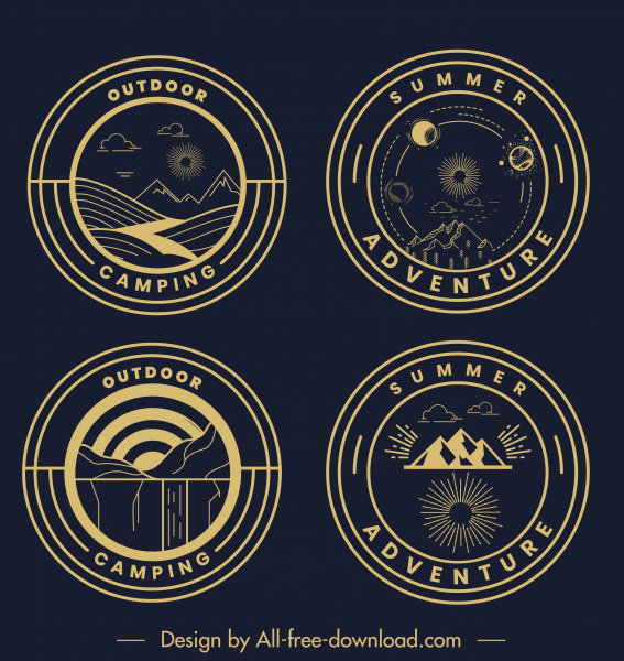 การผจญภัยตั้งแคมป์ logotypes วงกลมเรียบมืดการออกแบบคลาสสิก