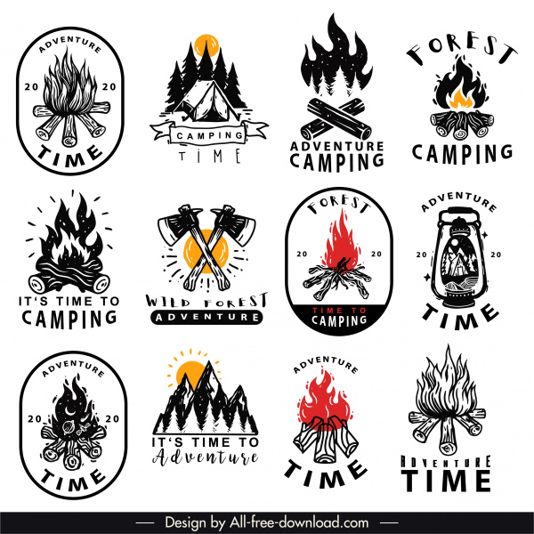 logotipos de acampamento aventura retro esboço desenhado à mão
