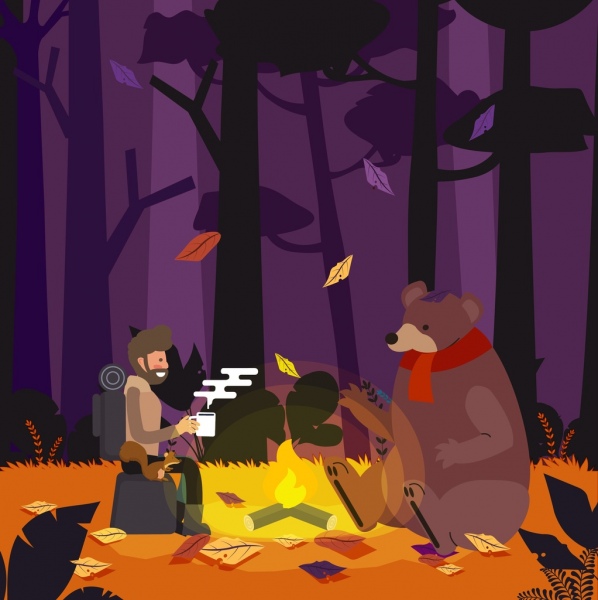 avventura disegno uomo orso autunno foresta icone