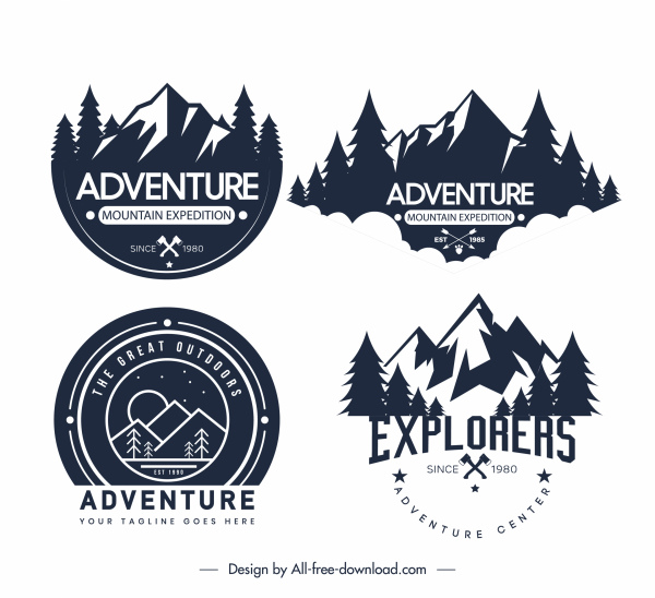logotipos de campamentos de exploración de aventura negro blanco retro sketch