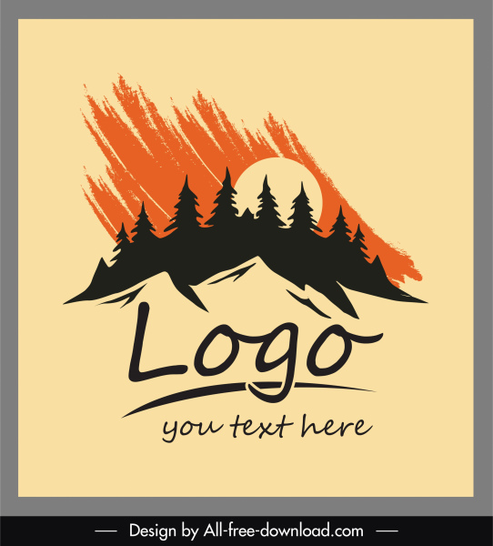 template logo petualangan grunge siluet sketsa pohon gunung