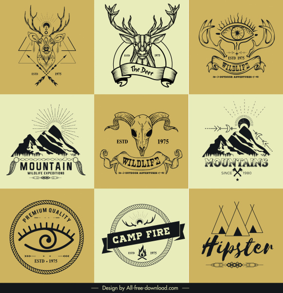 Шаблоны логотипов приключений ретро гора олень палатка эскиз