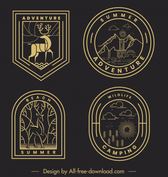 Abenteuer-Logotypen dunkel flach klassische handgezeichnete Symbole Skizze